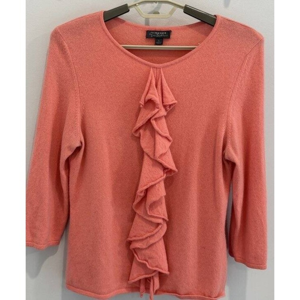 Classiques Entier Womens‎ 100% Cashmere Pink Sweater Ruffle Front 3/4 Sleeve L